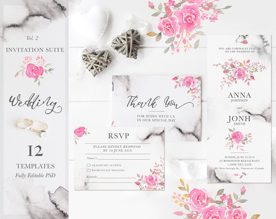 Download Floral Wedding Invitation Template Download With Pink Roses Etsy PSD Mockup Templates