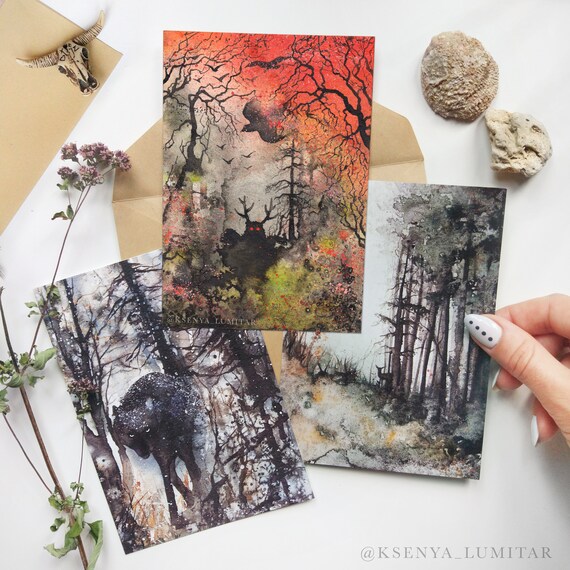 ART PRINT Set of 3 Dark Fantasy Forest Prints and Cards. Wall decor, Gothic home poster, Black Wolf, Magic creature, postcards, Halloween