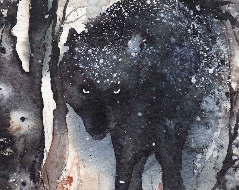 Halloween Black Wolf ART PRINT Dark Fantasy Watercolor Painting of Big Bad Wolf in the Creepy Forest Gothic Home decor and Greeting Card