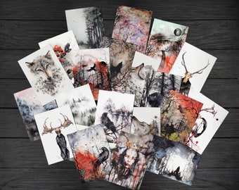 36 Whimsical Art Prints | Dark Fantasy Postcards Bundle, Gothic Greeting Cards, Wolves, Ravens, Misty Forest, Magic Creatures by Lumitar