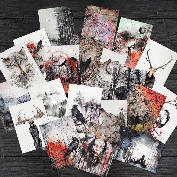 36 Whimsical Art Prints | Dark Fantasy Postcards Bundle, Gothic Greeting Cards, Wolves, Ravens, Misty Forest, Magic Creatures by Lumitar