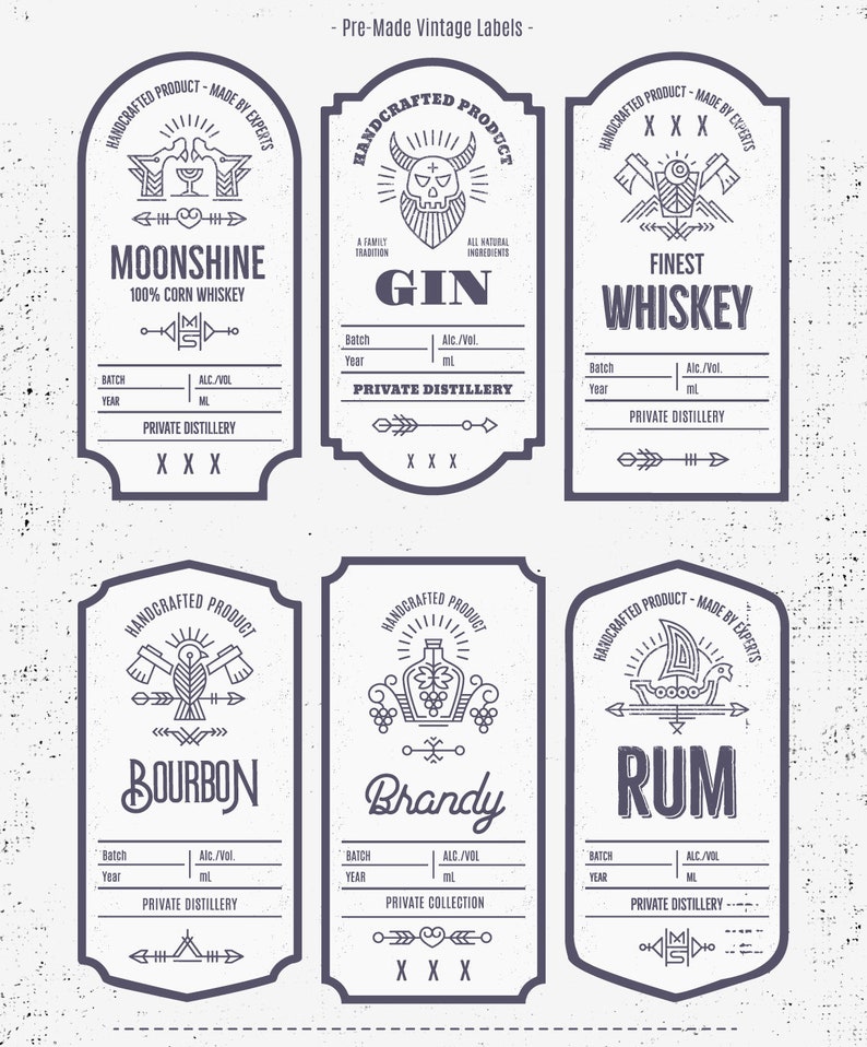 Jin whiskey liquor bottle labels. Vector EPS and PSD Vintage Etsy