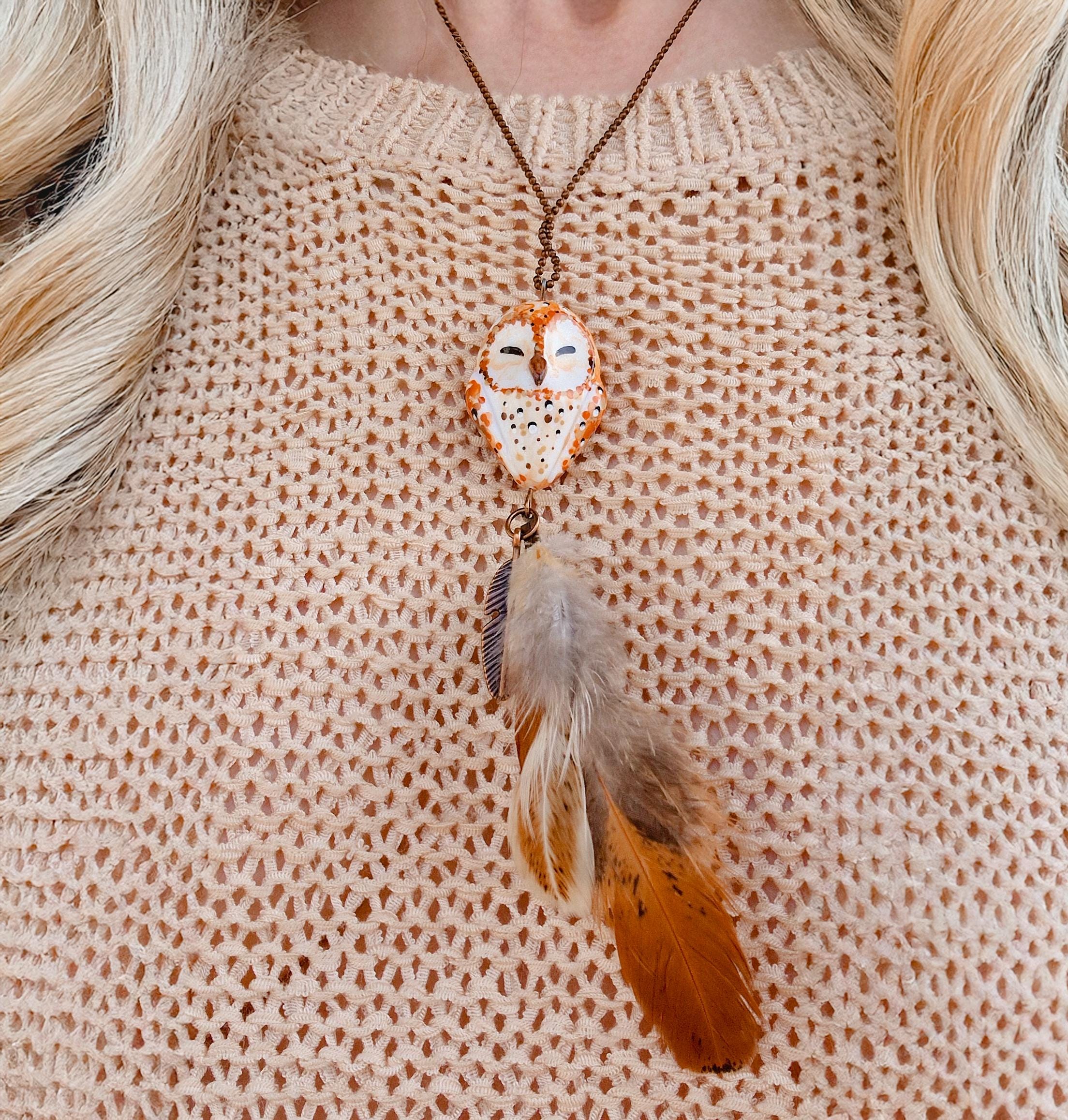 Sleepy Barn Owl Pendant with Feather | Handmade Boho Forest Spirit Necklace | Rustic Nature Inspired