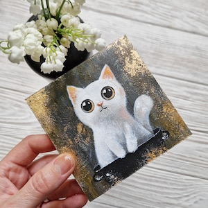 Original Painting of a White Cat with Big Cute Eyes. 4x4 in Framed Handmade Folk Art. Whimsical Cat Wall Decor with Frame by Lumitar