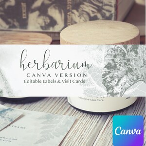 May include: A product image featuring the word "herbarium" in elegant script, with the text "CANVA VERSION Editable Labels & Visit Cards." The image includes a Canva logo, a jar labeled "Sensitive Skin Care," and business cards with a botanical design.