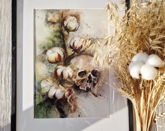 Bavovna: Flores de algodón mortales y calavera. Póster militar en acuarela tamaño A4 de Lumitar. Símbolo de Ucrania.
