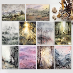Misty Forest: 10 Postcards | Watercolor Woodland A6 Decorative Cards. Souvenir set of cards with ethereal fir trees, mountains