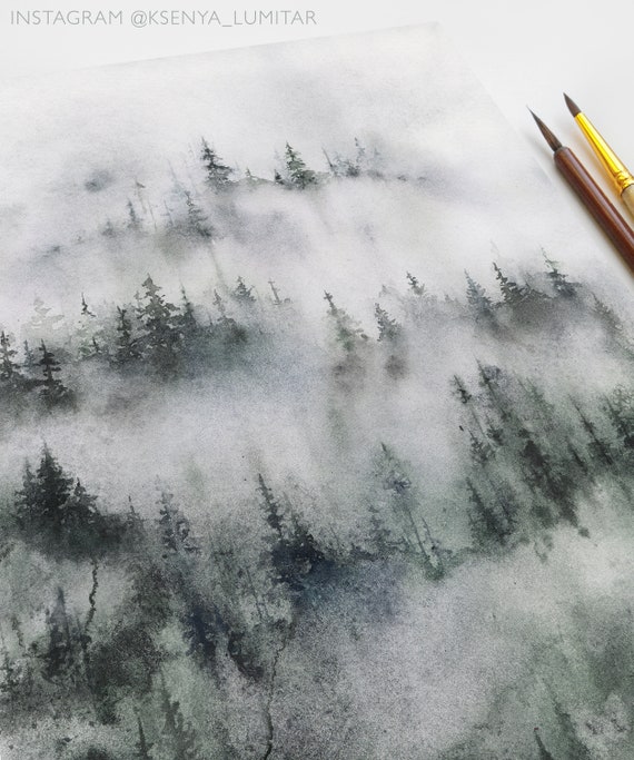 Foggy Forest Art Print Original Painting Of Misty Mountain Etsy