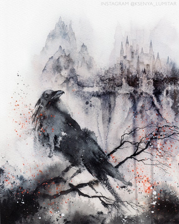 Black Raven Watercolor Art Print, Gothic Home Decor, Souvenir Card