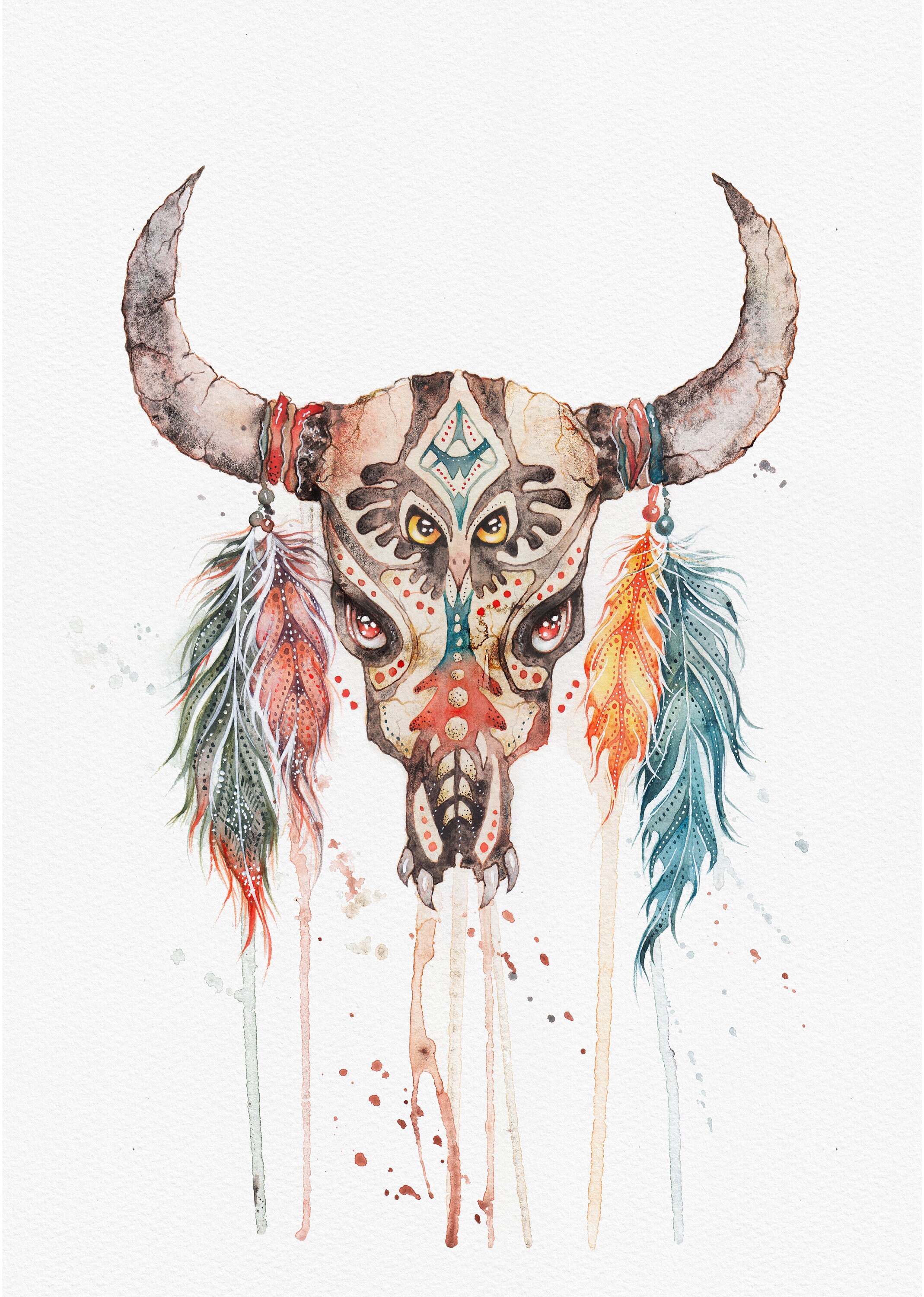 Bull Skull Boho Skull Wall Art ORIGINAL Artwork. Decorated Etsy