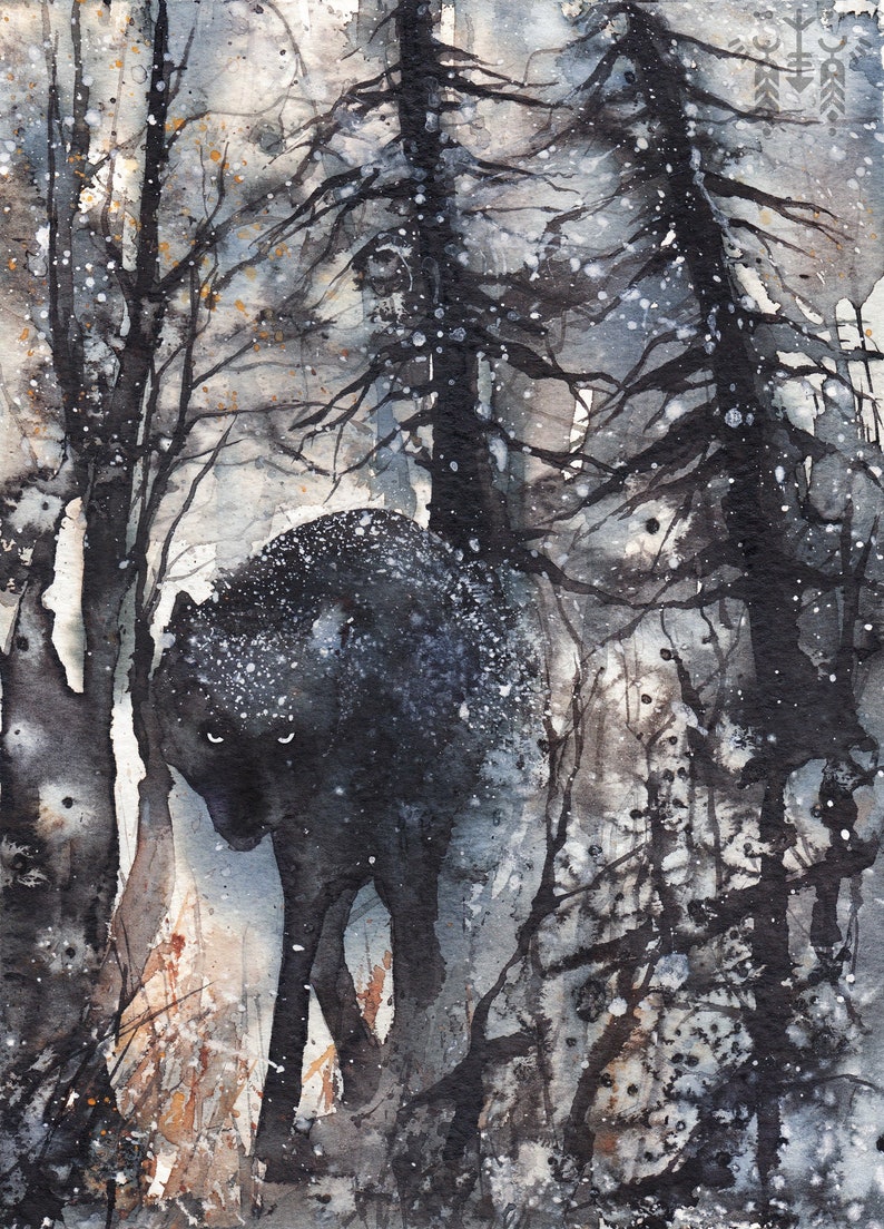 Halloween Black Wolf ART PRINT Dark Fantasy Watercolor Painting of Big Bad Wolf in the Creepy Forest Gothic Home decor and Greeting Card