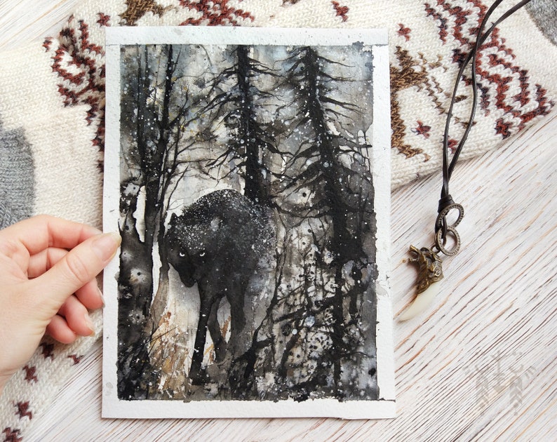 Halloween Black Wolf ART PRINT Dark Fantasy Watercolor Painting of Big Bad Wolf in the Creepy Forest Gothic Home decor and Greeting Card