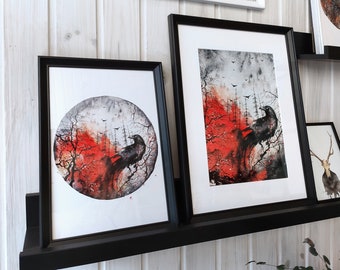 Estampado gótico de cuervo, Bosque oscuro, Obra de arte de cuervo fantástico