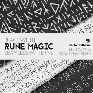 May include: Nine black and white vector patterns featuring rune symbols. The patterns are seamless and can be used for a variety of design projects. The text "BLACK WHITE RUNE MAGIC SEAMLESS PATTERNS" is displayed at the top of the image. The text "9 Vector Patterns EPS, JPG, PNG 4000x4000px, 300dpi" is displayed at the bottom of the image.