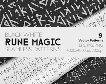 Paquete de 9 patrones de símbolos rúnicos PNG sin costuras / Papel digital blanco y negro, vikingos nórdicos, símbolos antiguos, descarga instantánea, uso comercial