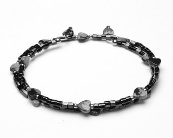 Romantic Black Hearts Multi-Strand Bracelet - Black and Silver Jewelry - Black Stone Heart Beads - Memory Wire Bracelet