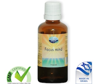 May include: A brown glass bottle with a white cap, labeled "Aroma Medic Focus Mind" with a yellow and blue sun graphic. The bottle contains 50 ml of liquid. The bottle is certified GMP, Good Manufacturing Practice, and is made in Israel.