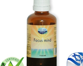 May include: A brown glass bottle with a white cap, labeled "Focus mind" with a yellow and blue sunburst design. The bottle is 50 ml and has a GMP certified label. The bottle is made in Israel.