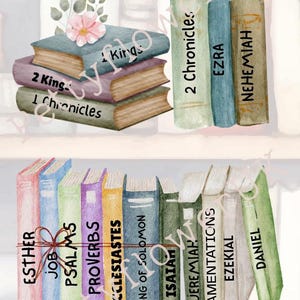 Könnte beinhalten: Eine Aquarell-Illustration der Bücher des Alten Testaments der Bibel. Die Bücher sind in Stapeln und Reihen angeordnet, wobei jedes Buch mit seinem Titel beschriftet ist. Die Illustration ist vor einem weißen Hintergrund angeordnet.