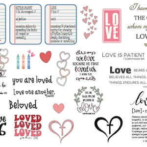 May include: A digital collage of love-themed images, including hearts, flowers, and text. The text includes quotes about love, definitions of love, and bible verses about love. The colors are pink, red, white, and black.
