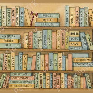 May include: A watercolor illustration of a bookshelf filled with books, each book title representing a book of the Bible. The books are arranged in order from Genesis to Revelation. The bookshelf is painted in a rustic style with a brown wooden frame and shelves.