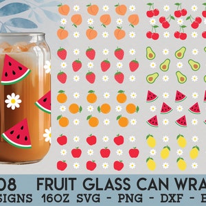 Fruit Glass Can Wrap Bundle - 16Oz Glass Can SVG, Fruits Glass Can Wrap Svg, Beer Glass Wrap Svg, Glass Can Template, Daisy Can Glass Wrap