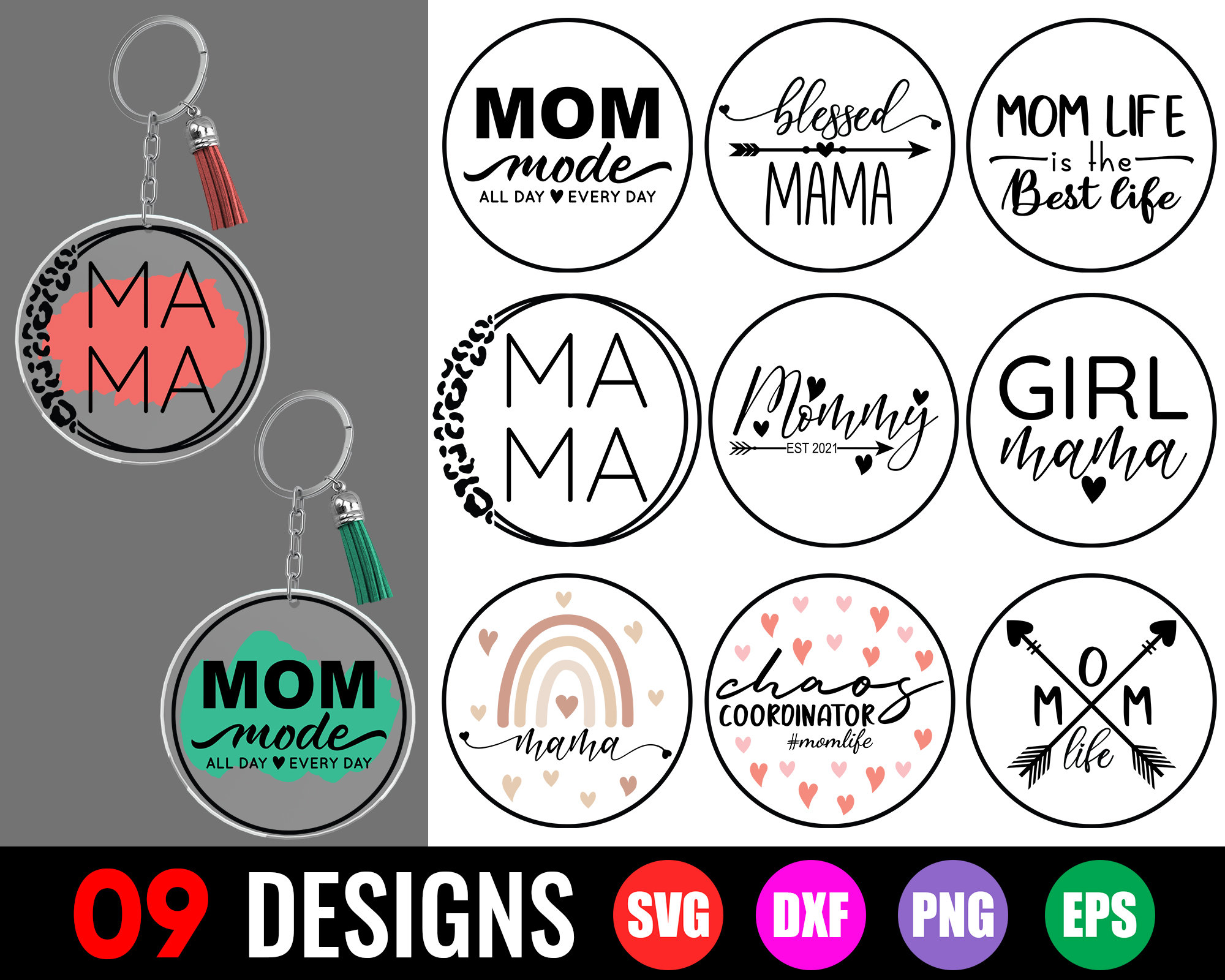 Mom Life Keychain SVG Round Keychain SVG Keychain Pattern | Etsy UK