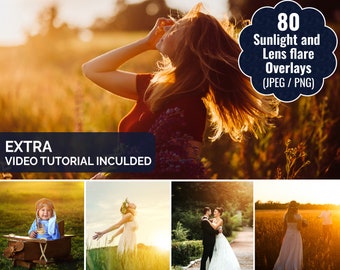 80 Sunlight Photoshop Overlays - Lens flare Overlays, Natural Sunlight Effect, Sunbeam Overlay, Sun Lens Overlay, Photoshop Overlay Bundle