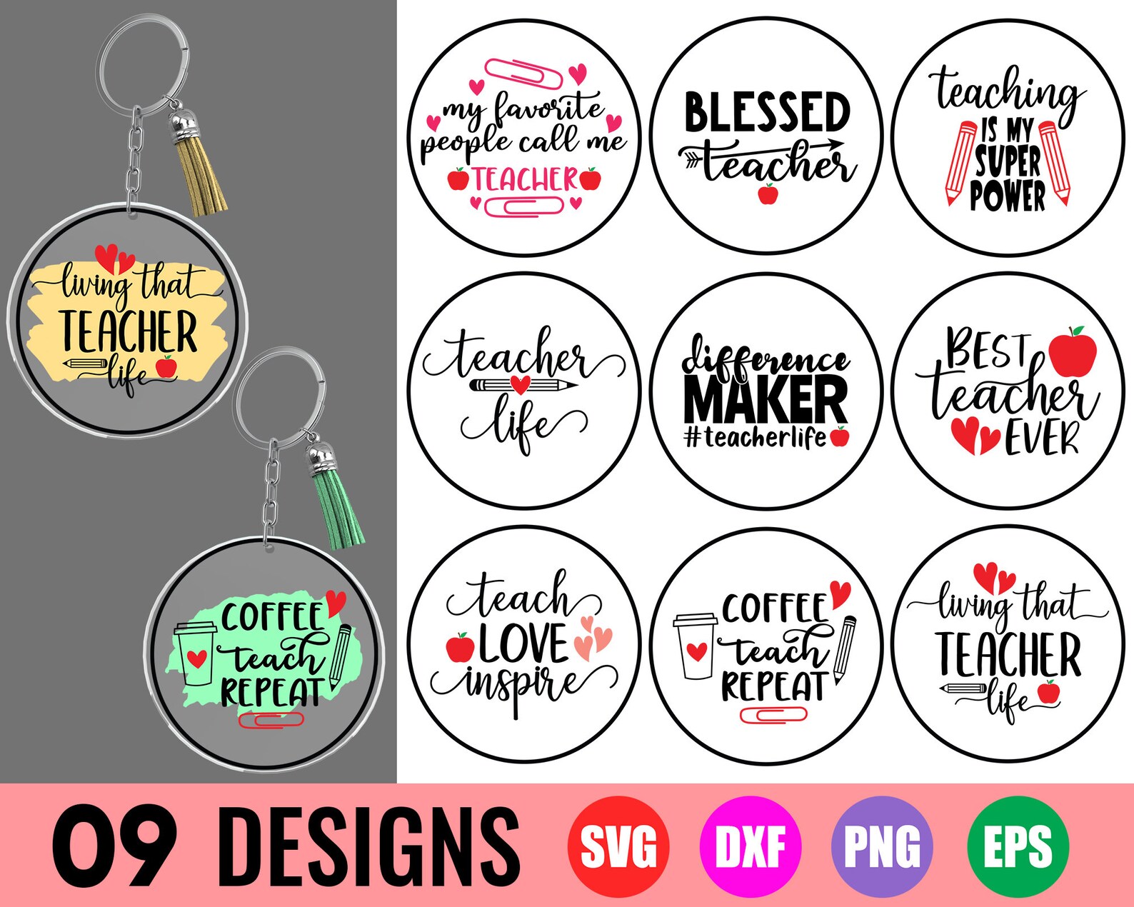 Teacher Keychain SVG Round Keychain SVG Keychain Pattern - Etsy UK