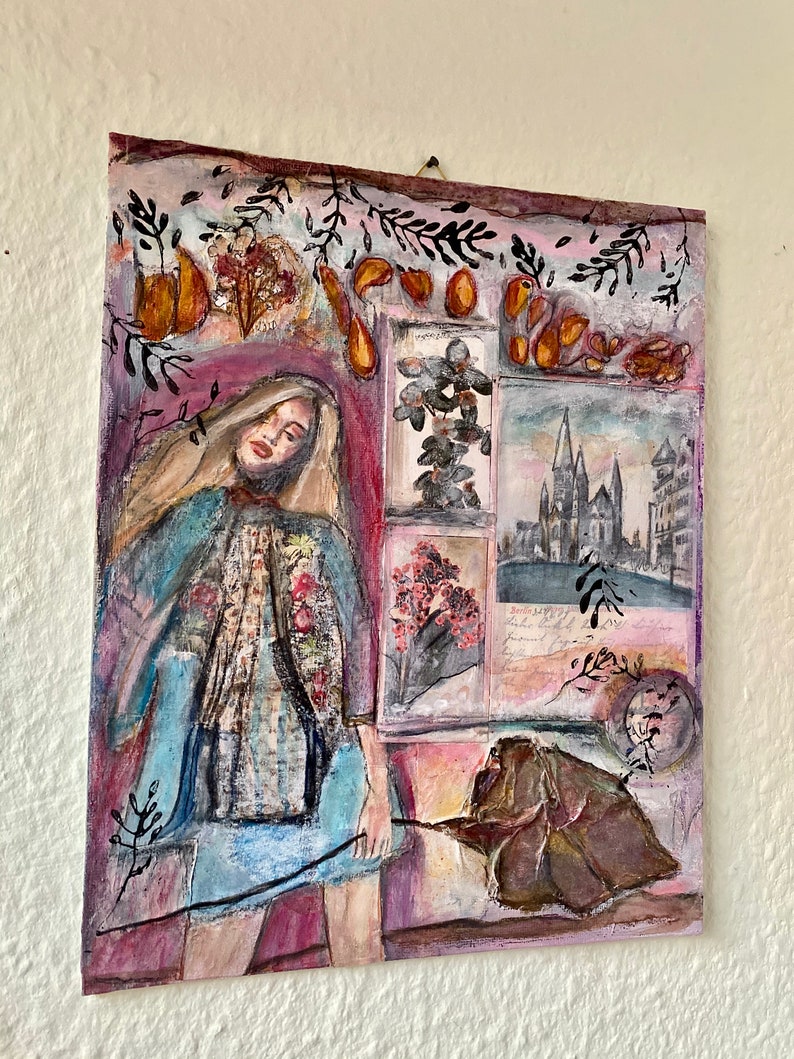 Mixed Media Collage on Canvas Boardl 24 x 30 cm Autumn Muse