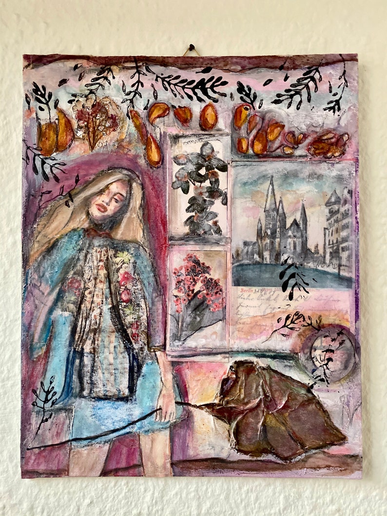 Mixed Media Collage on Canvas Boardl 24 x 30 cm Autumn Muse