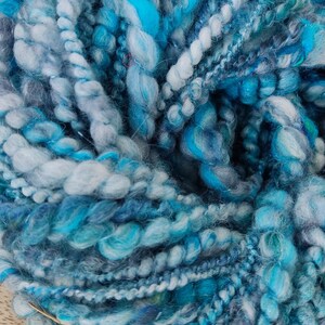May include: A ball of art yarn featuring a blend of blue, turquoise, light blue, and grey fibers. The yarn has a highly textured, uneven appearance with varying thicknesses, including thick, fluffy sections and thinner, tightly twisted strands.