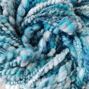 May include: A skein of hand-spun art yarn featuring a textured blend of fibers in shades of turquoise, teal, sky blue, navy, and white. The yarn displays varying thicknesses, including thick, fluffy sections and thinner, tightly twisted strands.