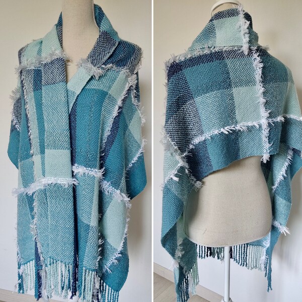 Ocean scarf, handwoven wide shawl, handmade shawl acrylic, blue green grey white, loomweaving