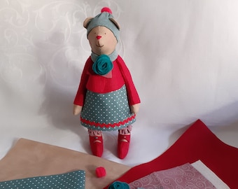 Bear with rose turquoise / red material set