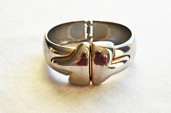 Solid, silver toned Brass clamper bangle, bracele… - image 1