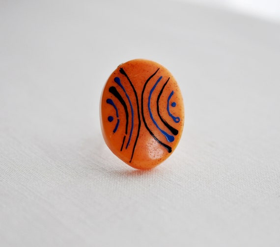 1970s adjustable orange oval ring.  Blue and blac… - image 8