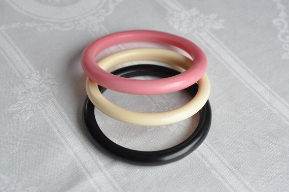 Pink, ivory and black spacer bangles.  Rockabilly… - image 1