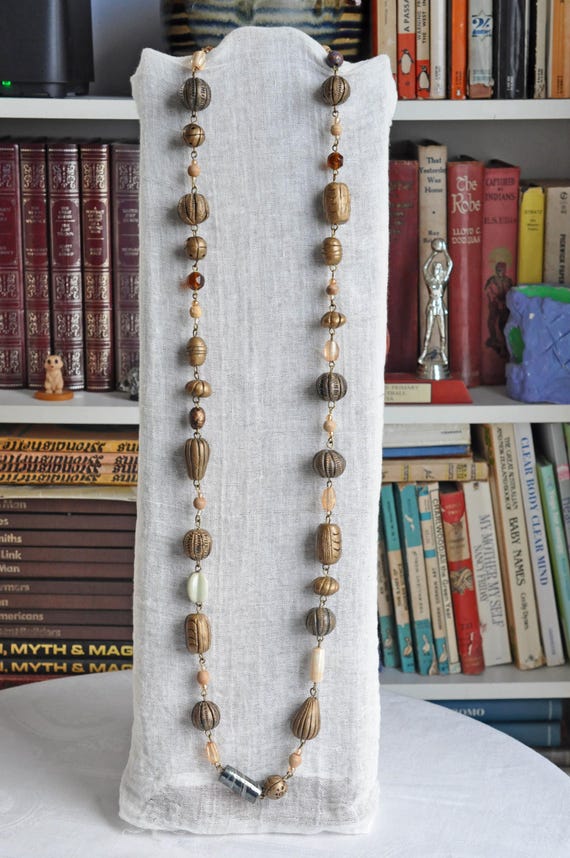 Collier Sautoir Vintage - Perles Vertes Imitation émeraudes Et Laiton - Bijou Rétro En Bon état