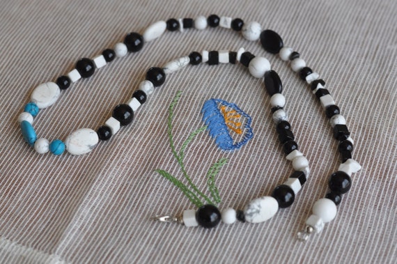 Turquoise, Howlite, Onyx Small Cube and Round Onyx Bead