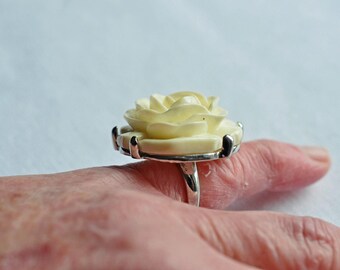 Large Ivory Lucite Rose Ring. Bezel Set on Silver Metal