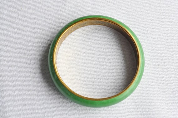 Lime green marbled Old Plastic and Brass bangle, … - image 3