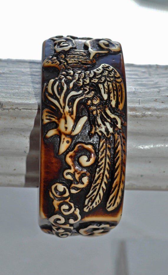 Intricately carved Bakelite bangle, bracelet.  Br… - image 8
