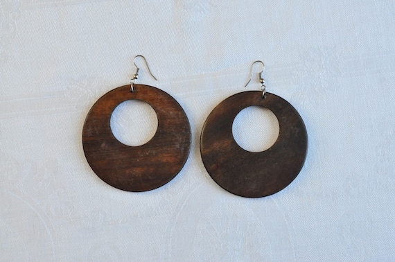1 Paio Marrone Scuro Legno Orecchini a Cerchio Pendenti Etnico Boho Naturale