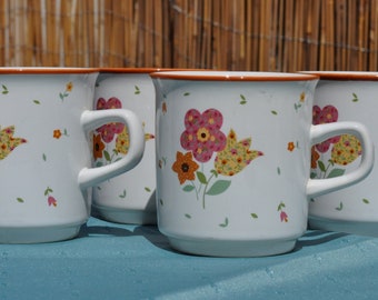 Flower stoneware mugs made in Japan.  Mugs for tea, 1970s hippy mugs, connoisseur coffee mugs, Boho kitchen. Delightful, demure and cheery.