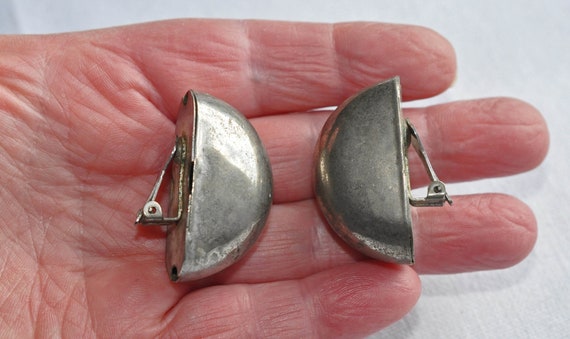 High domed silver toned clip on earrings.  Half m… - image 2