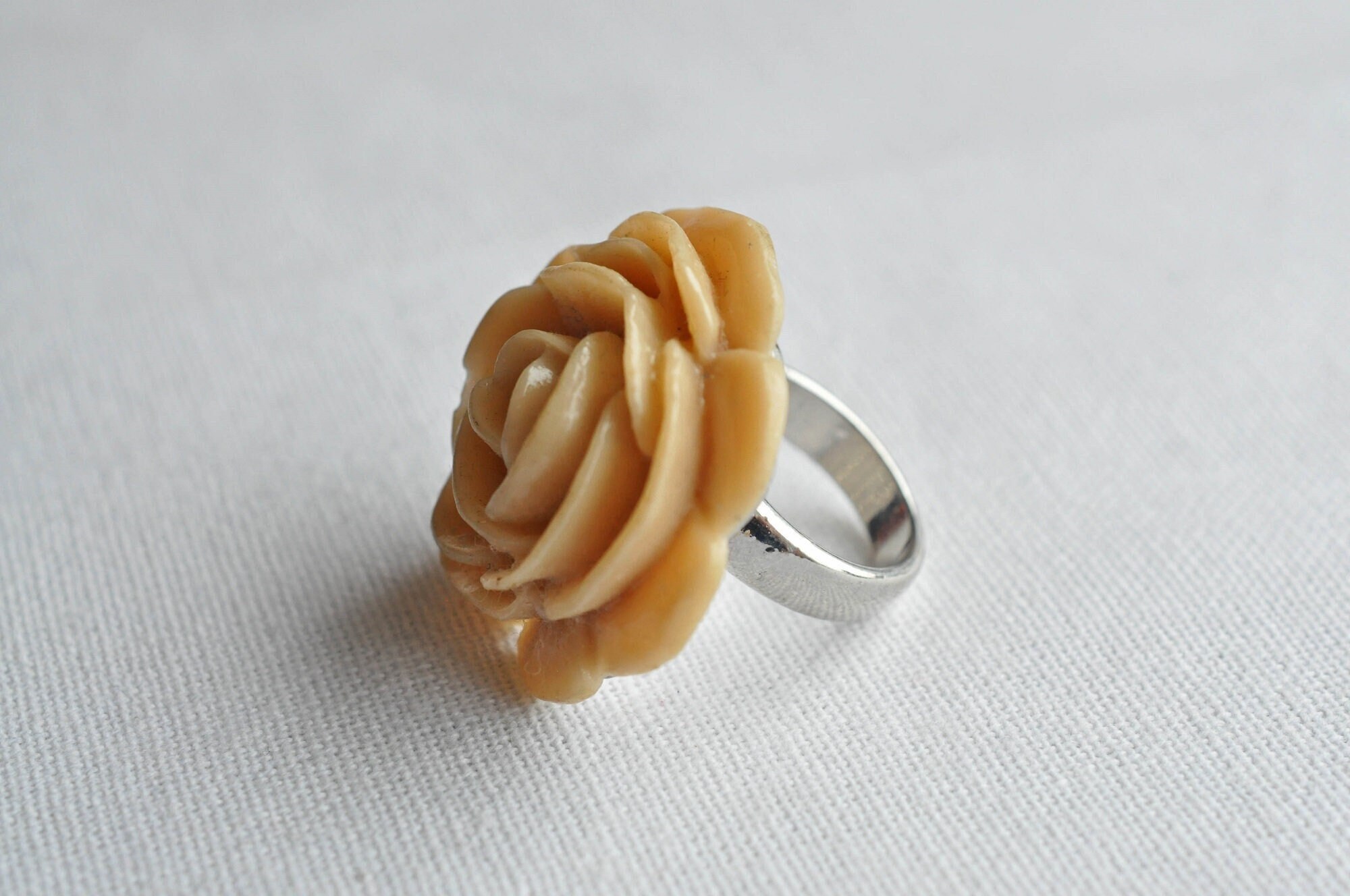 Beige, Fawn Bakelite Rose Ring. A Large, Carved Rose, 1950s 