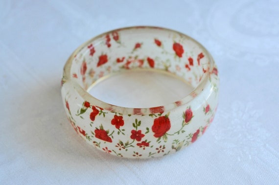 Thick, clear, Lucite bangle, bracelet with floral… - image 1