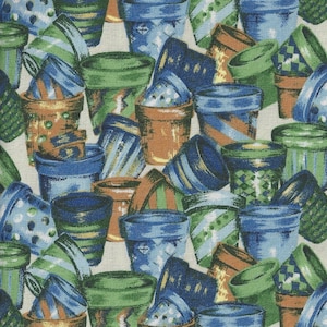 Könnte beinhalten: Ein sich wiederholendes Muster aus blauen, grünen und braunen Blumentöpfen mit verschiedenen Designs. Die Töpfe sind in einem zufälligen Muster auf einem weißen Hintergrund angeordnet.