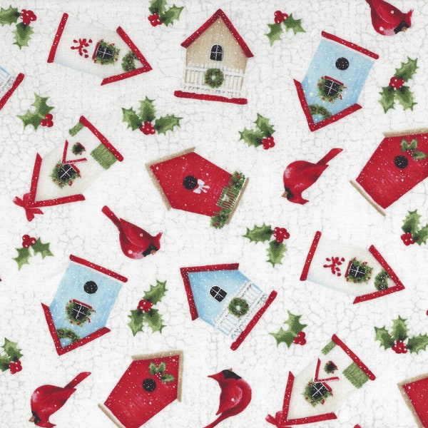 Northcott Winter Welcome, Cotton Quilt Fabric by the Yard, Birdhouse White 24093-10